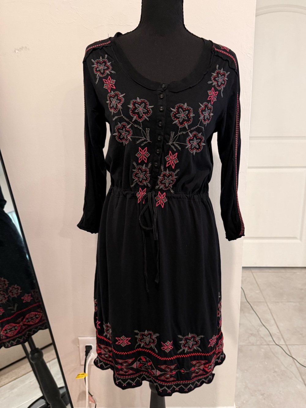 Johnny Was Black Long-Sleeve Embroidered Drawstring Goth Dress with Pink Accents